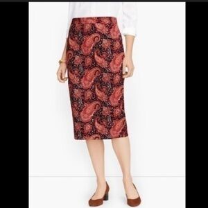 Talbots Skirt Womens 10 Black Red Paisley Print Pencil Stretch Knee Length Midi